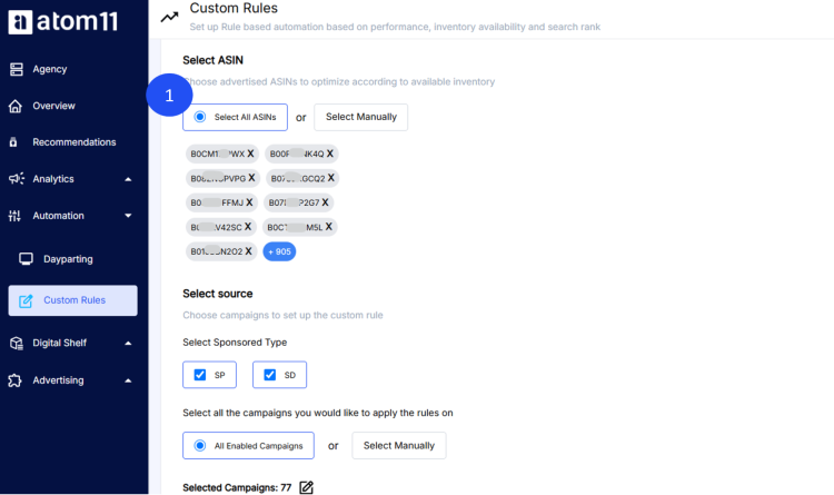 Select ASINs to set up automation